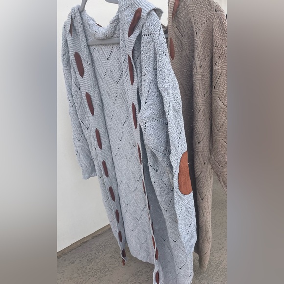 63Bohemian Knit Grey Lace Up Long Hood Gray Cardigan Brown Crochet Elbow Patches - Picture 4 of 7
